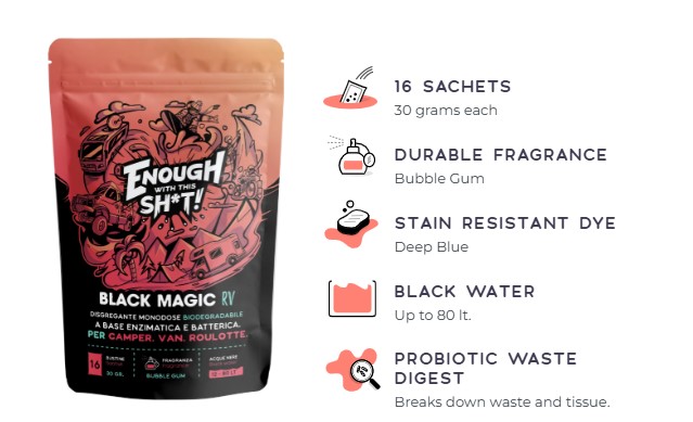 Bio razgradljiv dodatek za kemični WC 16 vrečk Black Magic RV EWTS bubble gum